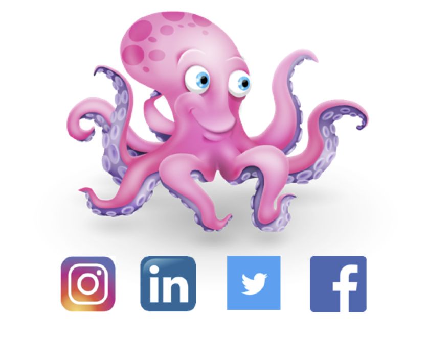 Oktopost Logo mit Instagram, LinkedIN, Twitter und Facebook 
